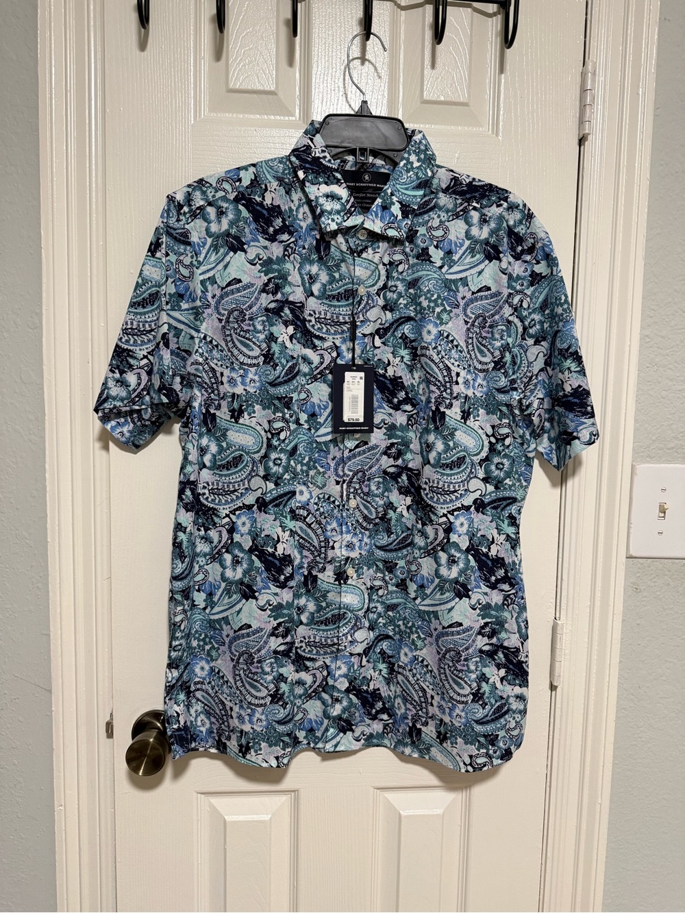 Hart Schaffner Marx Blue Paisley Short-Sleeve Button-Down Shirt